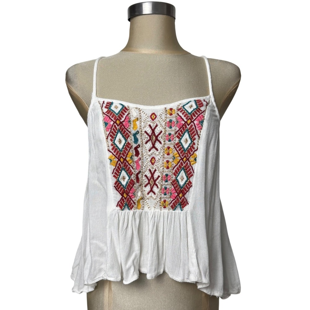 Ecote Urban Outfitters White Embroidered Strappy Cami Tank Top Small Boho